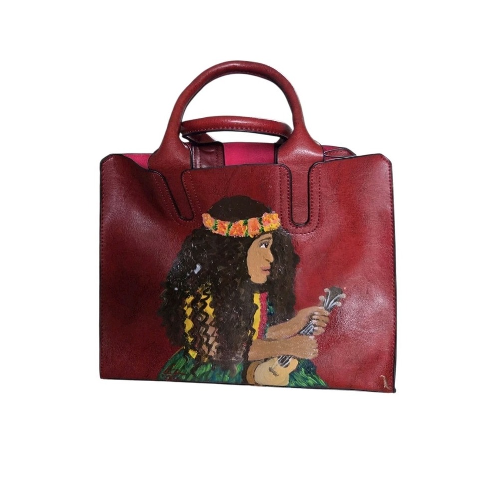 Handmade Leather Handbag Hand-Painted Hawaiian Purse 12×10×5 Red‎ Artsy Boho NEW